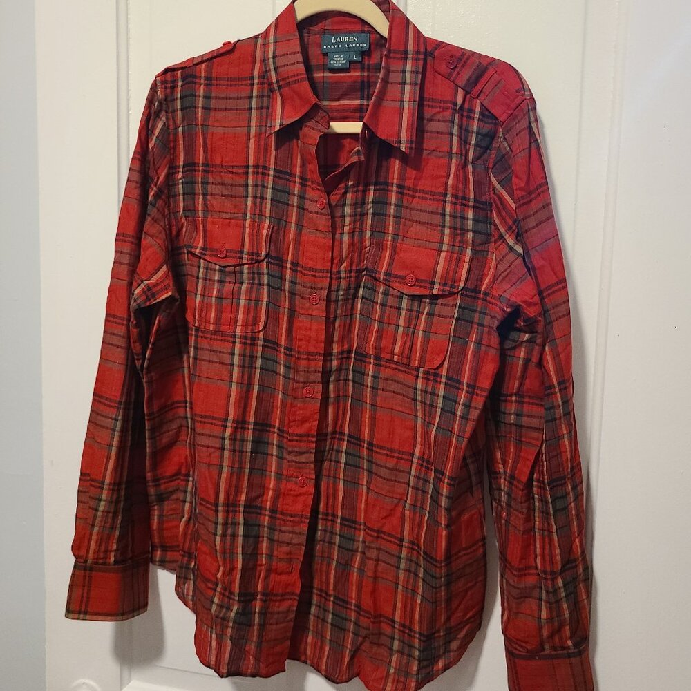 Lauren Ralph Lauren Button Front Blouse Red Black Plaid 100% Cotton SZ L